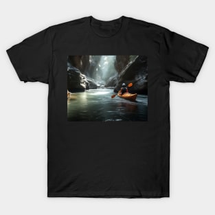 Adventurous Scene Of A Kayak Navigating Through A Narrow River Canyon T-Shirt